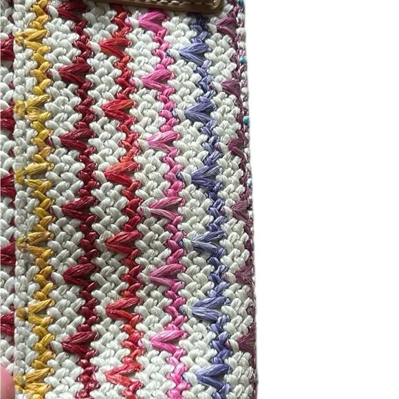 Woven Multicolor Straw Tote Bag Tan Faux Leather Handles Shoulder Purse - Picture 6 of 16